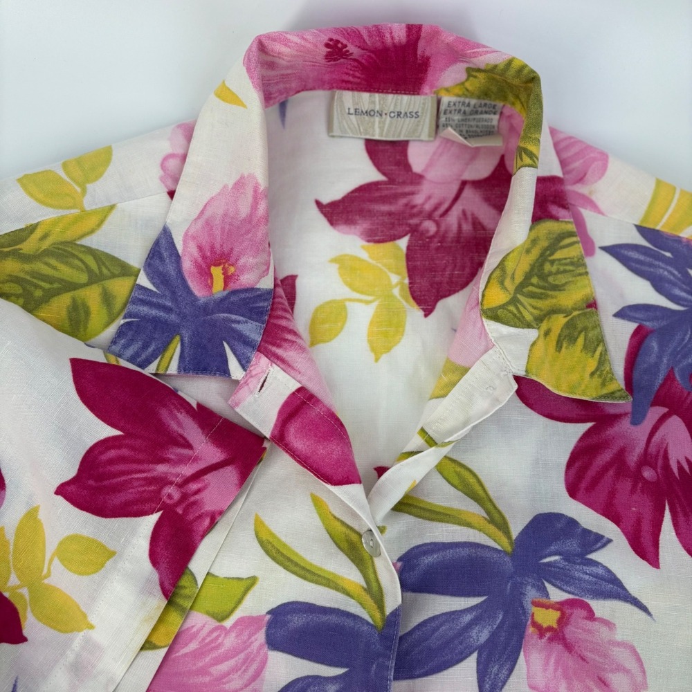 Lemon Grass Womens XL Linen Blend Tropical Floral Button Down Shirt Pink Purple